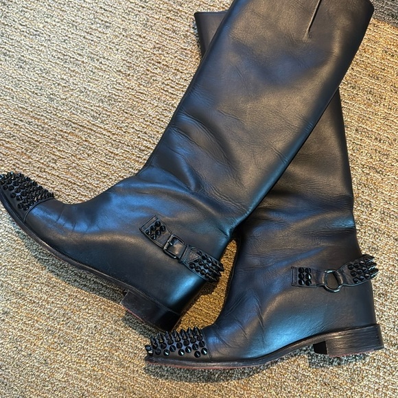 Christian Louboutin Egoutina Tall Riding Boots spiked stud black leather pull-on - Picture 6 of 15